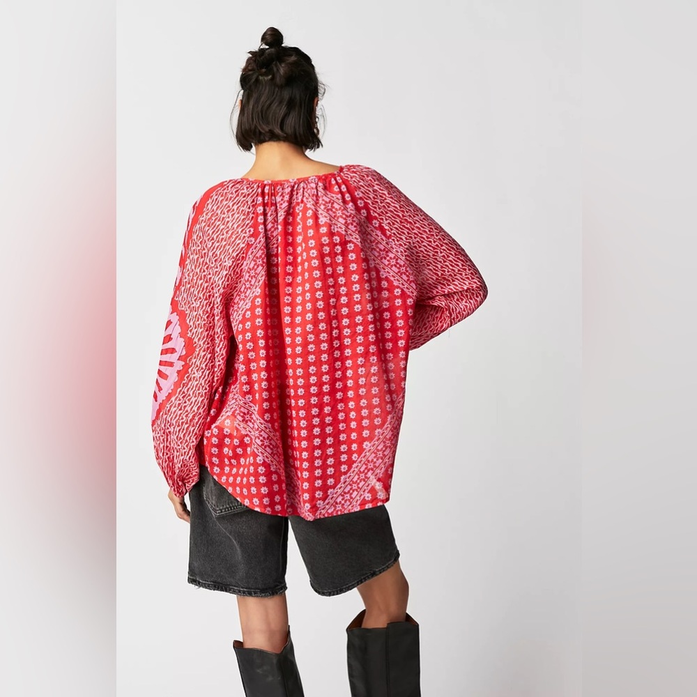 FREE PEOPLE Boho Floral Printed Flowy Blouse - Size XS - Red Combo - NWT - Picture 11 of 16